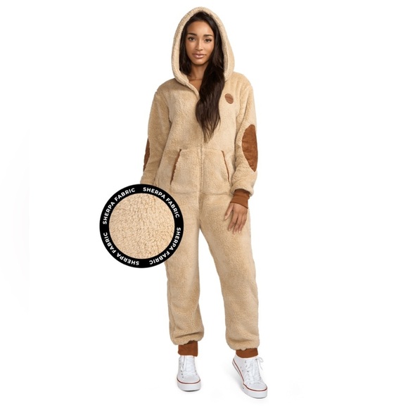 Tipsy Elves Tan Sherpa Hooded Cozy Jumpsuit - Picture 11 of 11